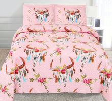 Load image into Gallery viewer, Pink Bull Skull Navajo 3pc Quilt