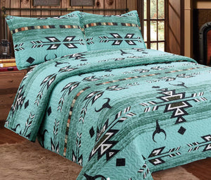 Navajo Turquoise longhorn 3pc Quilt( Cali King )