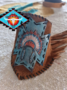 S'S  southewest tooled  leather cuff with suede fringe