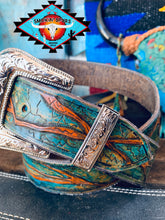 Load image into Gallery viewer, Smokin’Spurs ‘southwestern  patina’  TURQUOISE ROAD belt.🔸🔅🔸